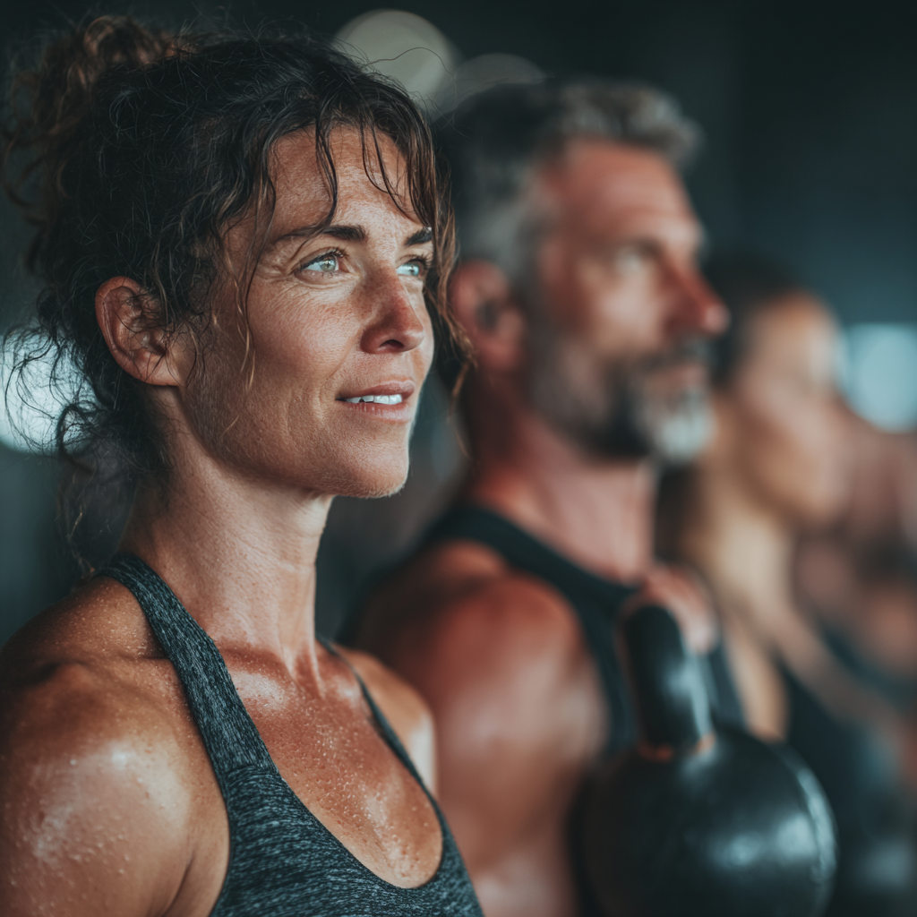 Group of adults aged 40-55 doing crossfit workout with kettlebells