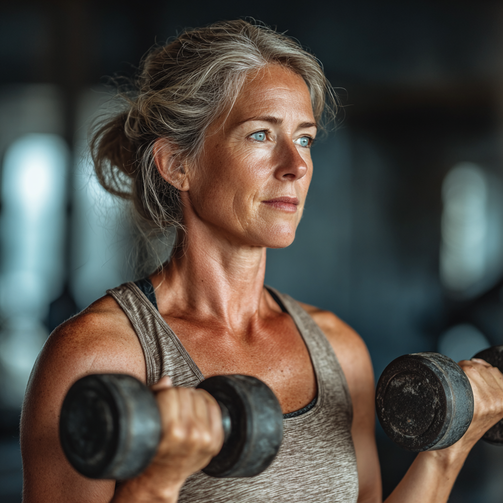 Middle-aged Woman doing strength training with dumbbells in modern gym