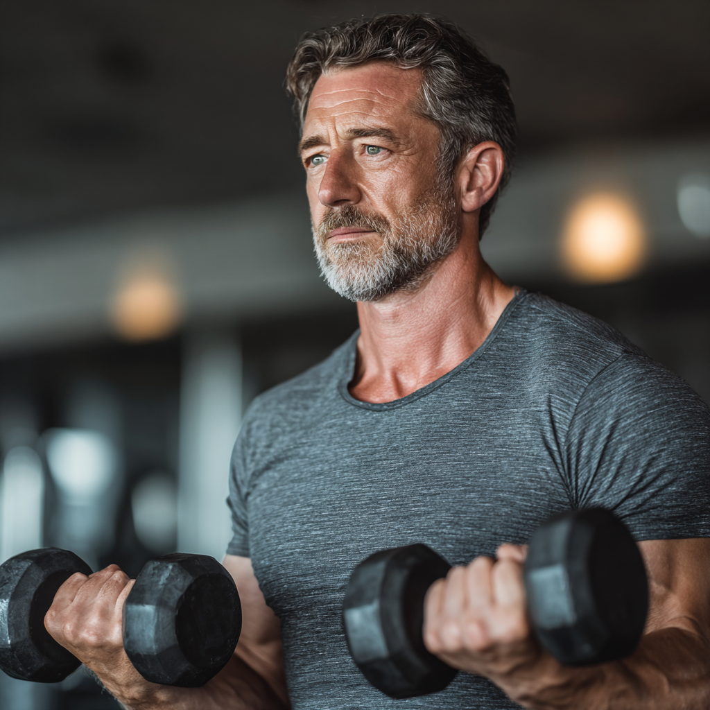 Middle-aged man doing strength training with dumbbells in modern gym