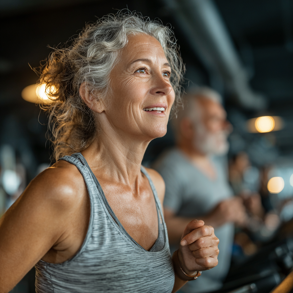 Woman in her 50s running on treadmill in fitness center